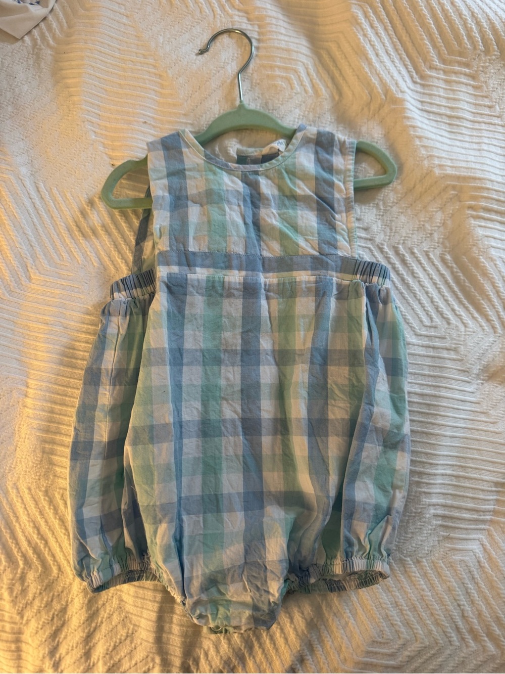 WORN ONCE Sleeveless Checked Bubble Romper in Blue and Mint